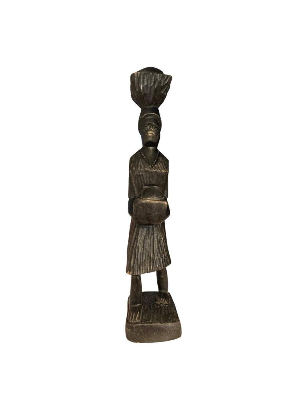 Vintage African Hand Carved Wood Woman Sculpture Basket Vessel 13.5"